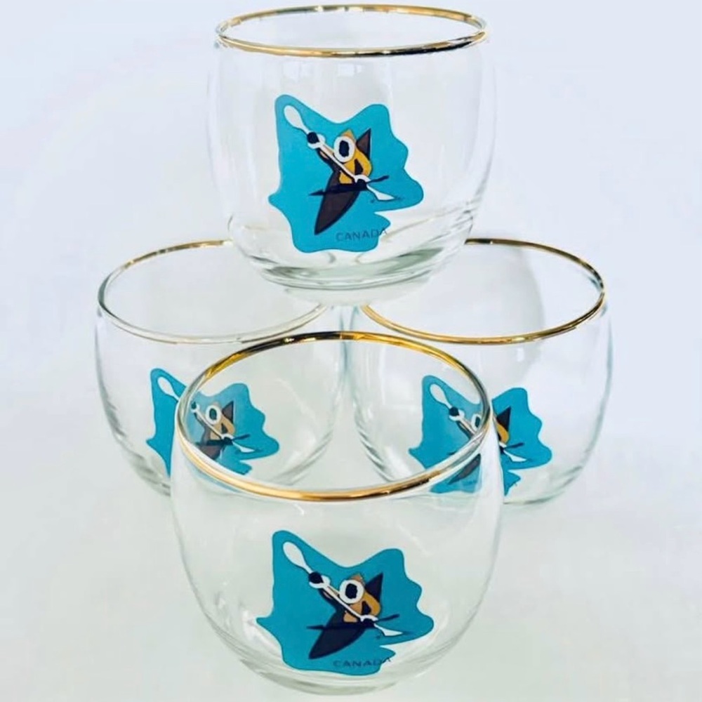 Vintage Cutler Cocktail Glasses Inuit Kayak Barware Roly Poly Set of 4 Canada
